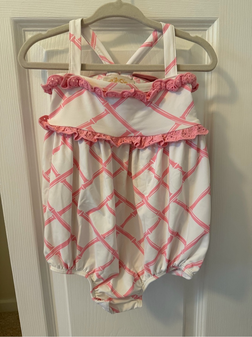 The Beaufort Bonnet Company White and Pink Lattice One-Piece Swim